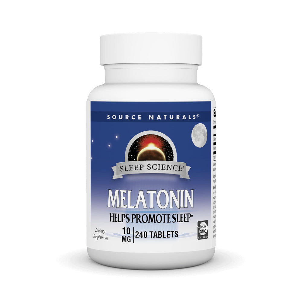 Source Naturals Sleep Science Melatonin bottle with 10 mg tablets for nightly routines.