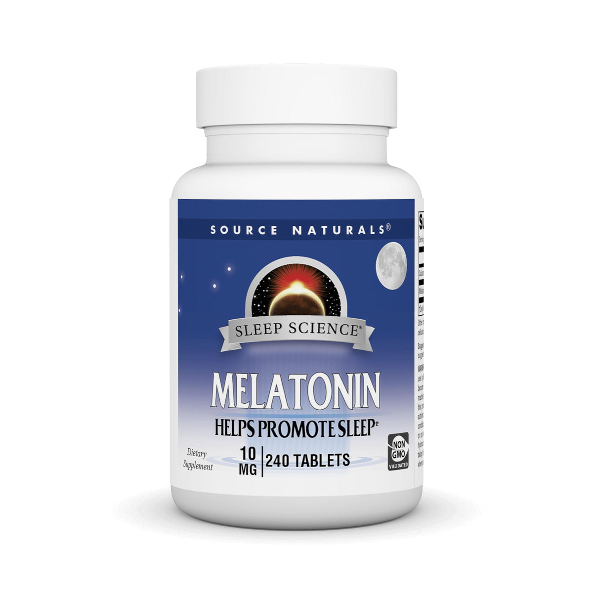 Source Naturals Sleep Science Melatonin bottle with 10 mg tablets for nightly routines.