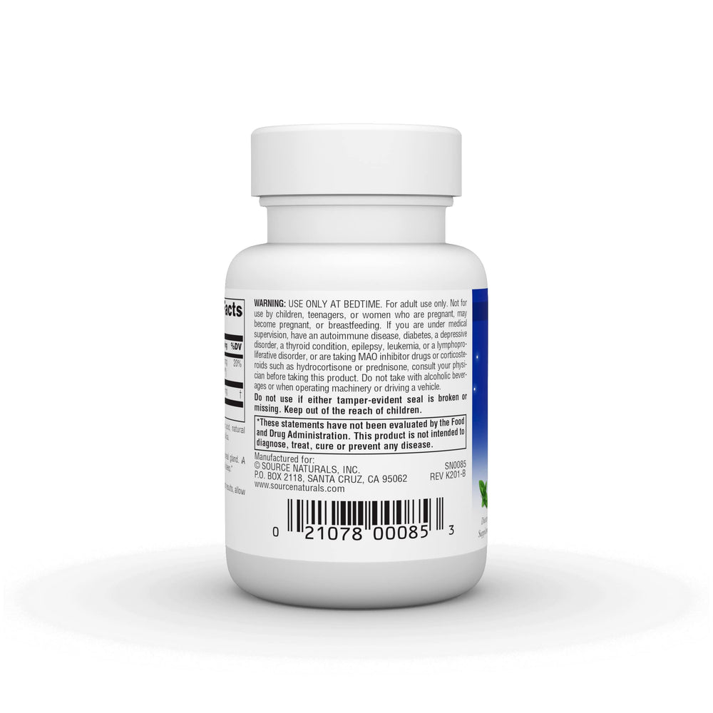 Travel-ready Source Naturals melatonin packaging supports consistent sleep across time zones.