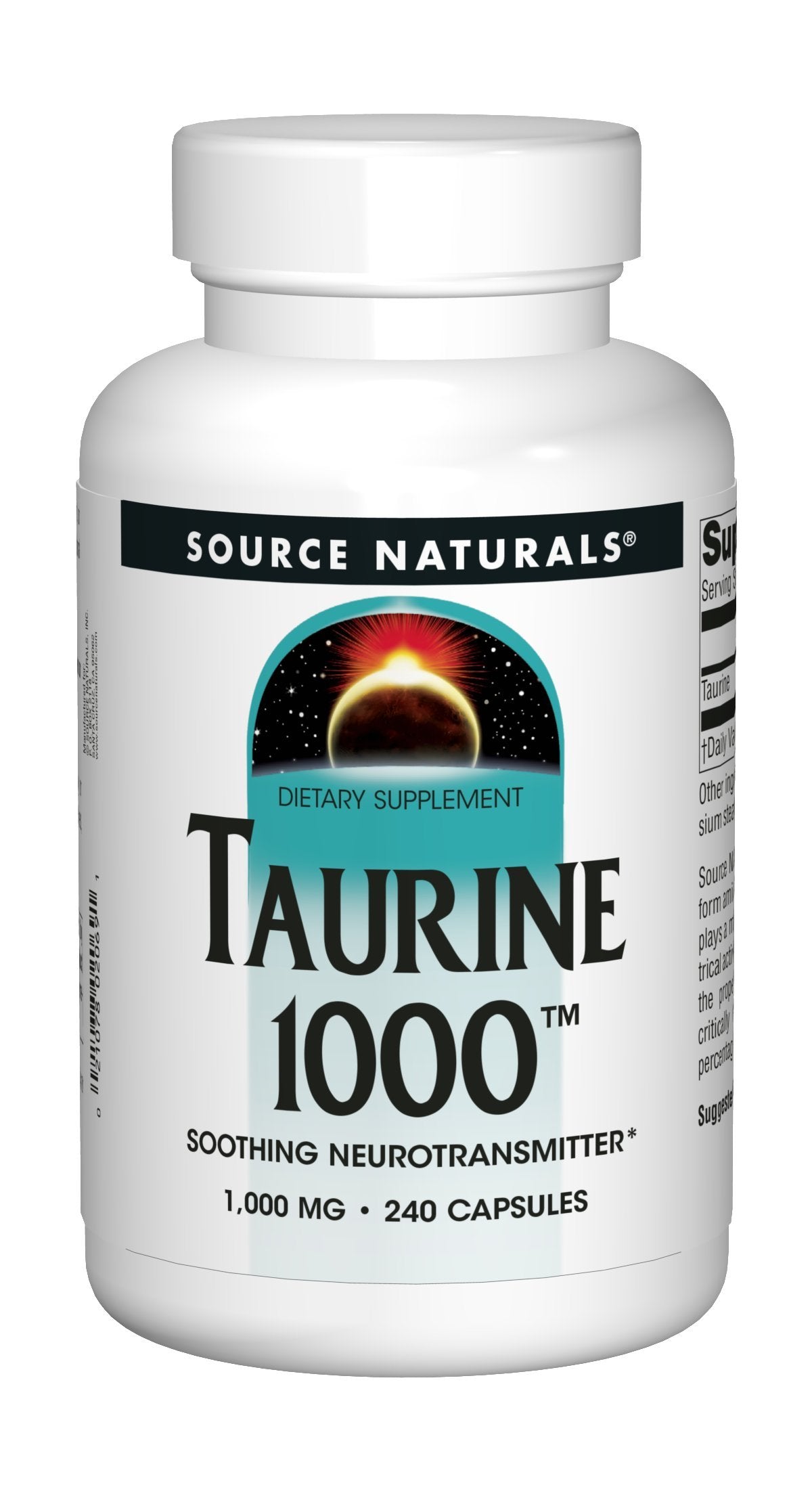 Source Naturals Taurine bottle shown on a clean tabletop.