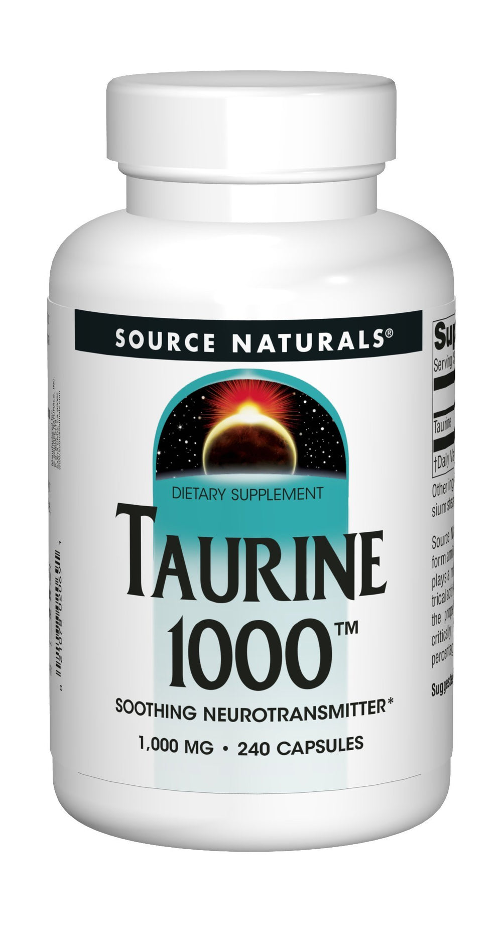 Source Naturals Taurine bottle shown on a clean tabletop.
