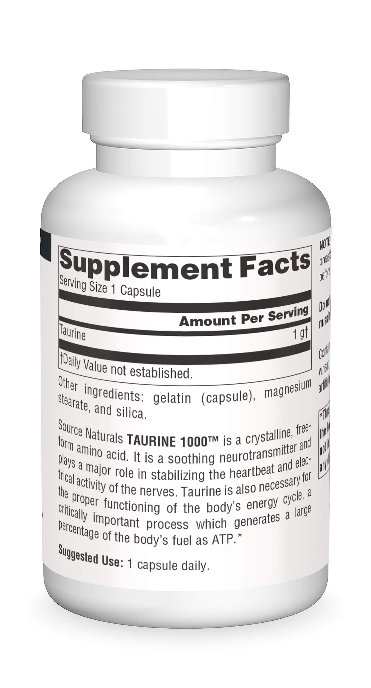Close-up of Source Naturals Taurine label and dosage information.