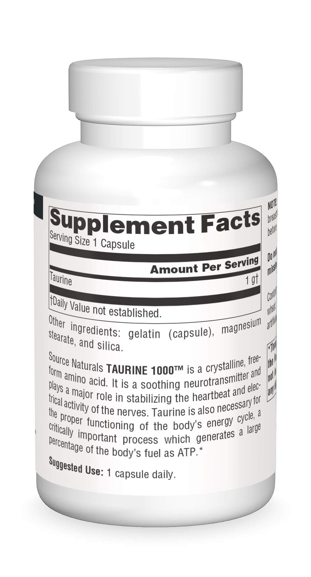Close-up of Source Naturals Taurine label and dosage information.