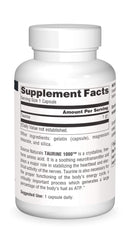 Close-up of Source Naturals Taurine label and dosage information.