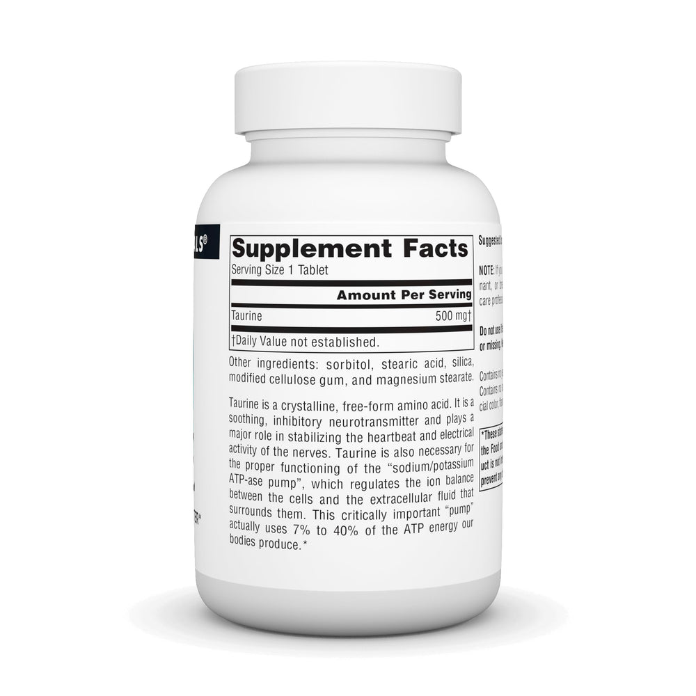 Source Naturals Taurine tablet close-up highlighting calming neurotransmitter