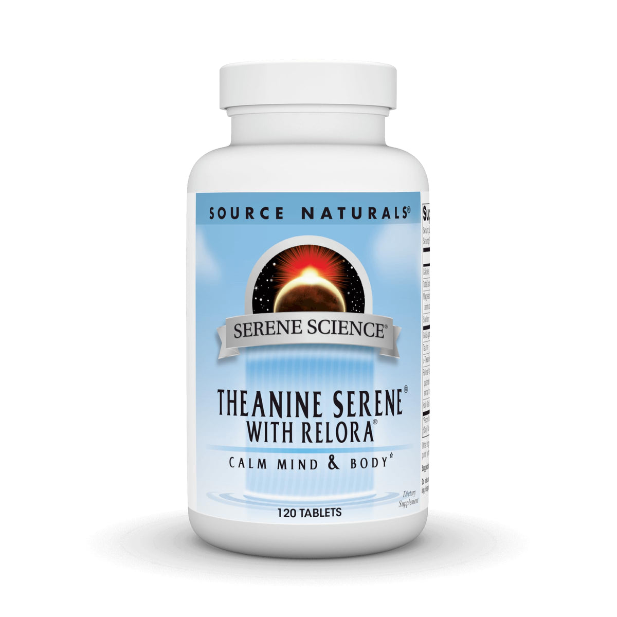 Source Naturals Theanine Serene with Relora bottle front showing calm design for focus
