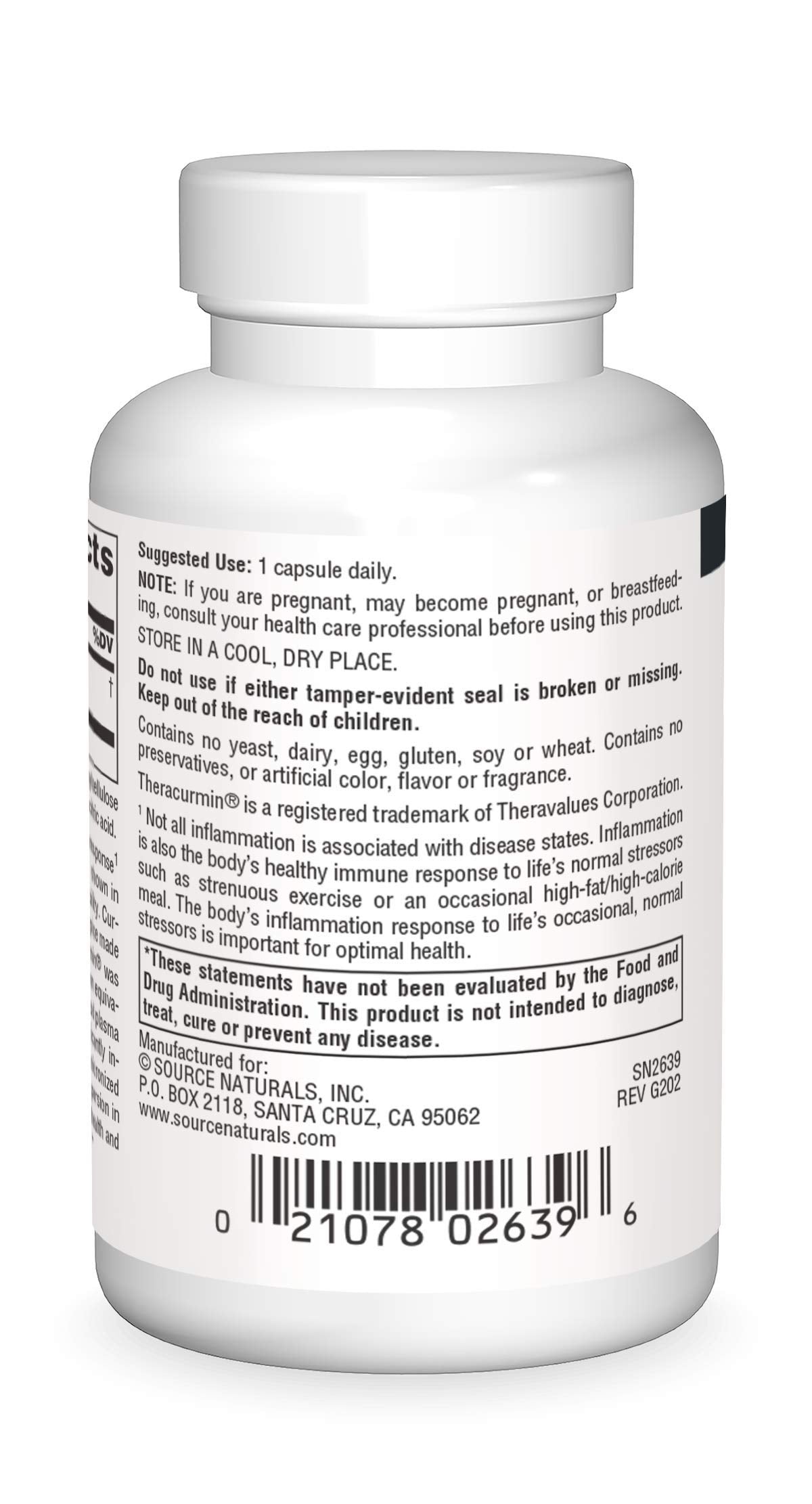 Source Naturals Theracurmin bottle label emphasizing clean formula.