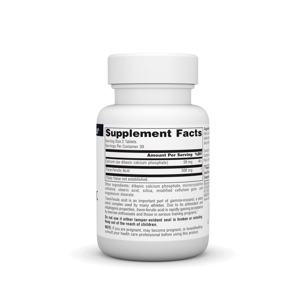 Source Naturals Trans-Ferulic Acid bottle back label detailing dosing for daily training