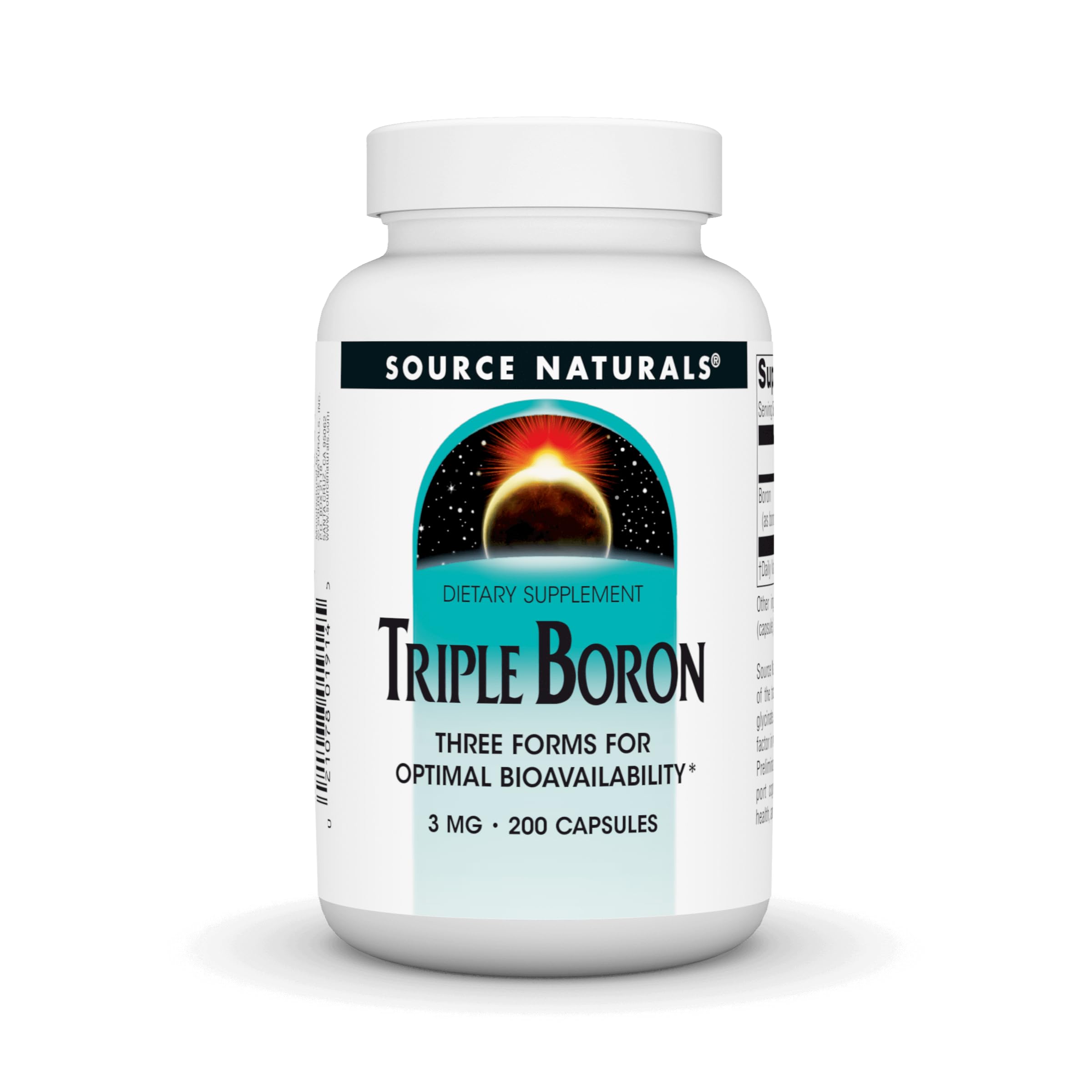 Source Naturals Triple Boron bottle on the shelf with potential bone support.