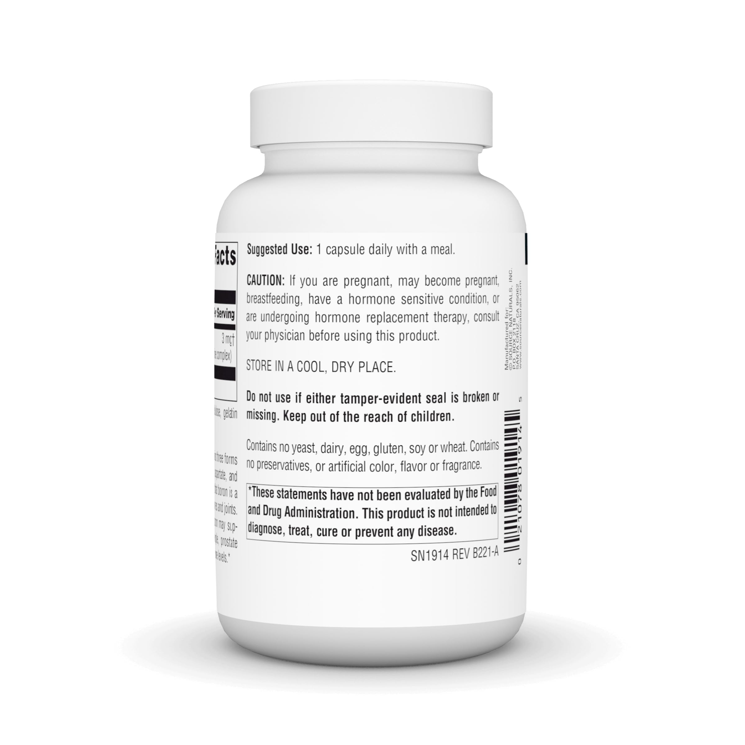 Close-up of Source Naturals Triple Boron capsules for improved bioavailability.