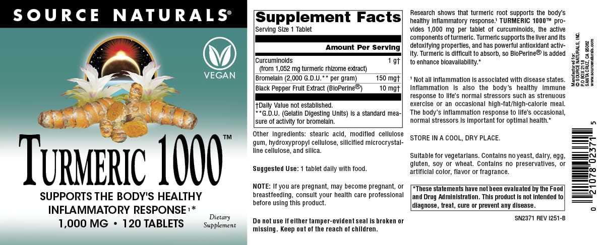 Source Naturals Turmeric 1000 tablets bottle labeled Made in USA.