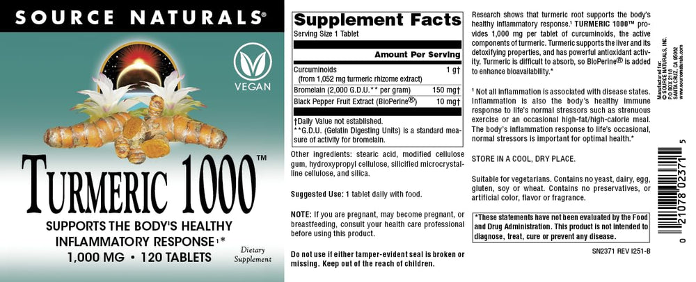 Source Naturals Turmeric 1000 tablets bottle labeled Made in USA.