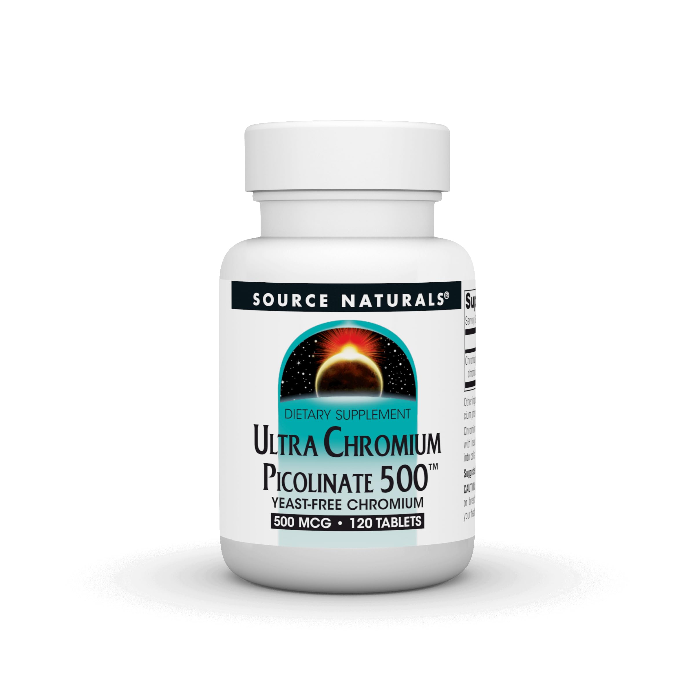 Source Naturals Ultra Chromium Picolinate bottle shows 500 mcg tablets for potential glucose uptake support