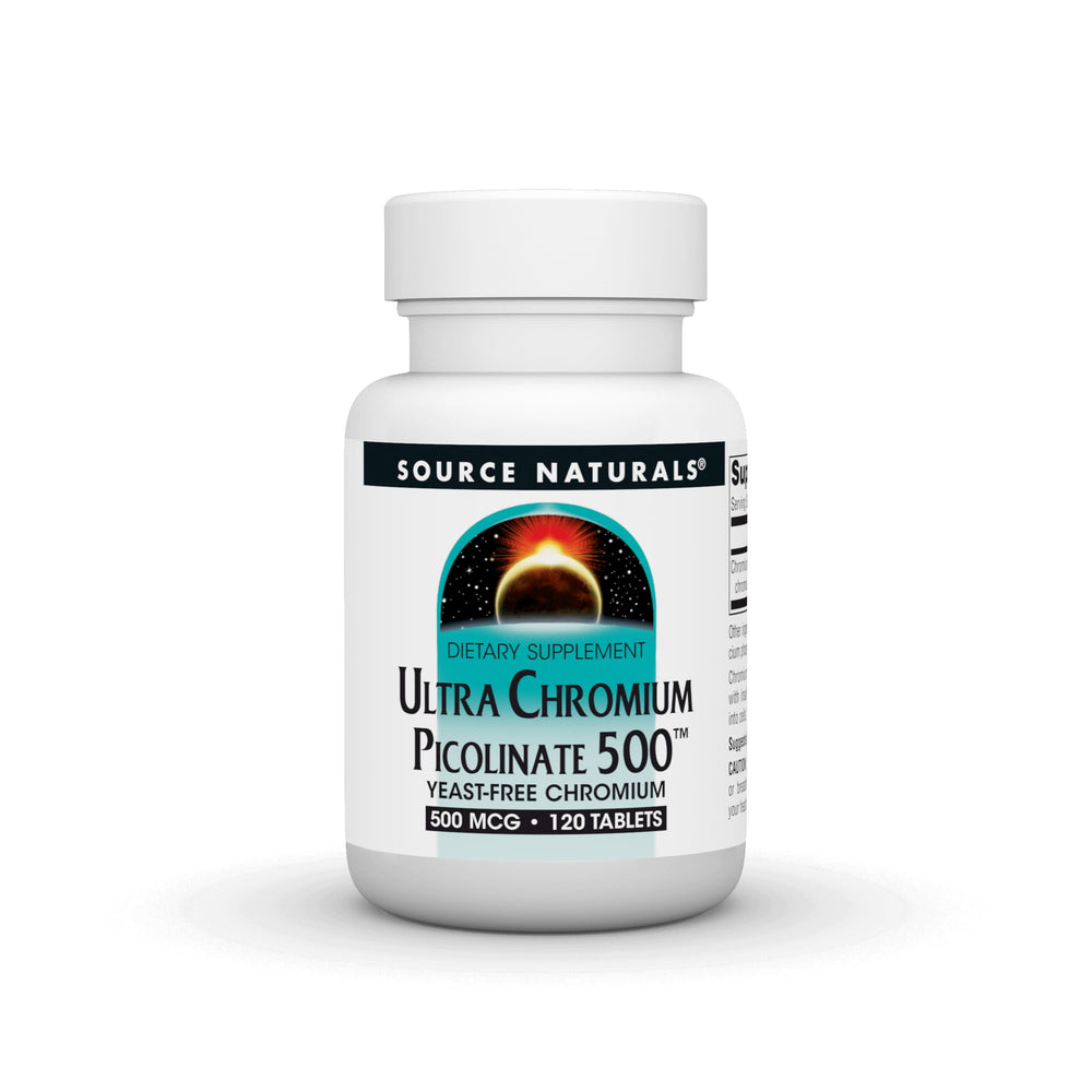 Source Naturals Ultra Chromium Picolinate bottle shows 500 mcg tablets for potential glucose uptake support