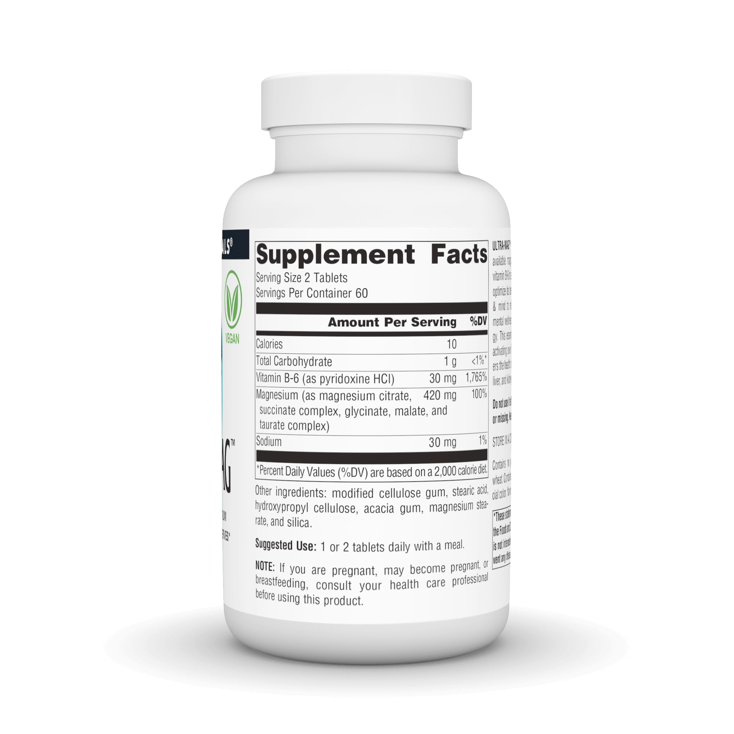 Source Naturals Ultra-Mag bottle side view highlighting the vegan multi-form formula.