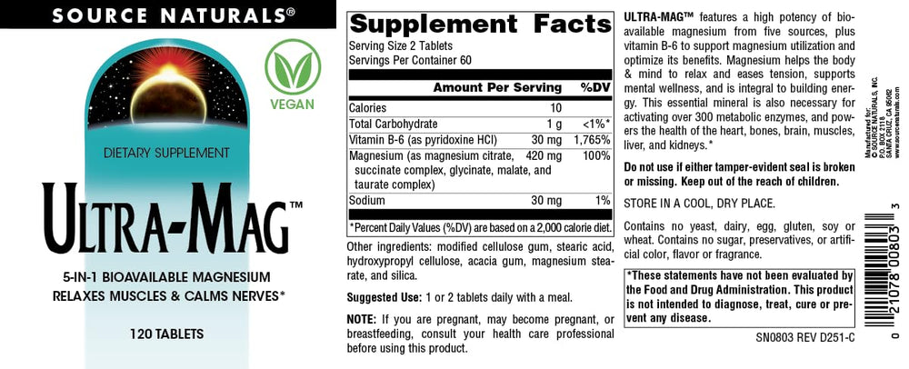 Source Naturals Ultra-Mag ingredients list showing five bioavailable magnesium forms.