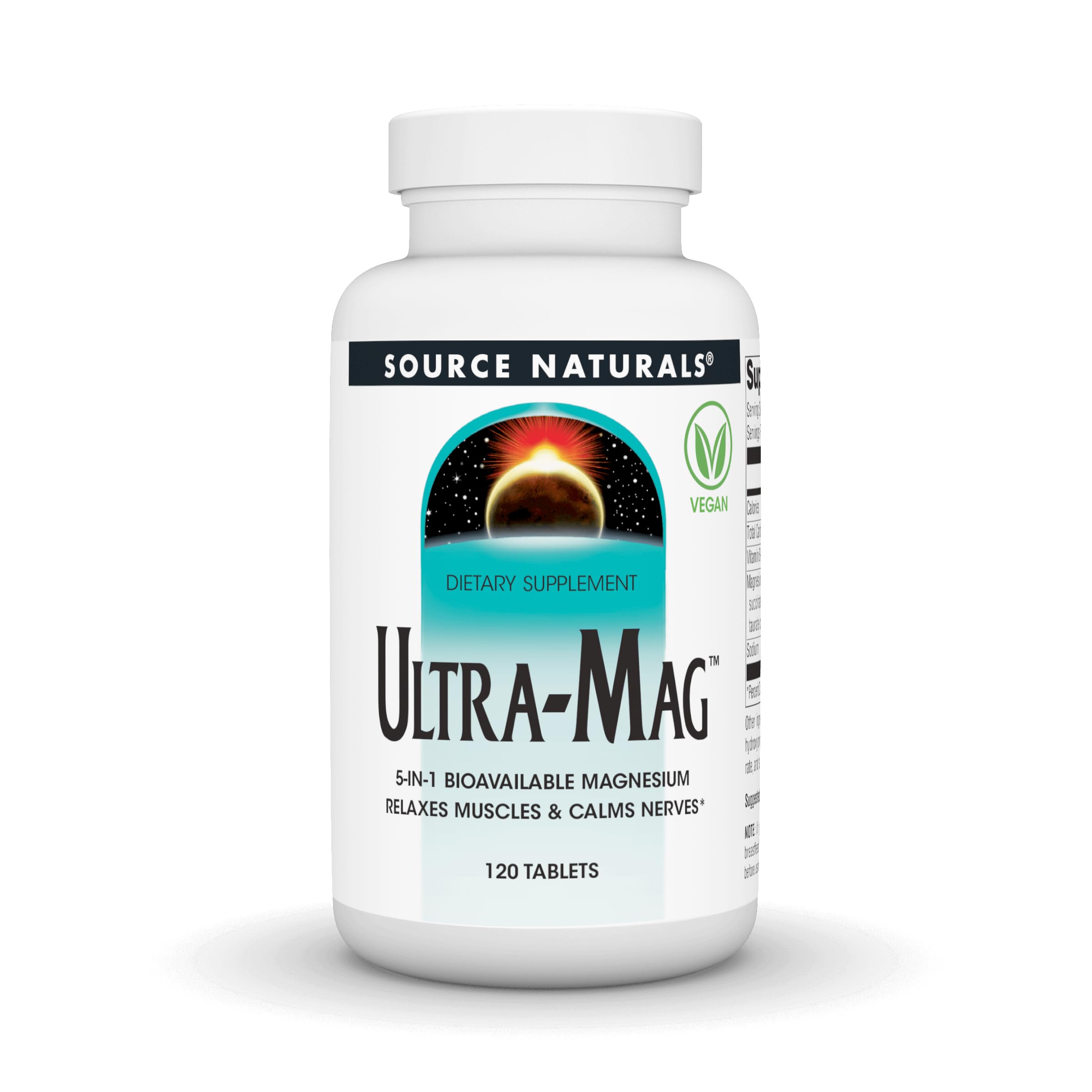 Source Naturals Ultra-Mag tablets on front label, a 5-in-1 blend for daily mineral support.