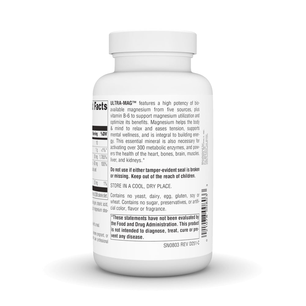 Source Naturals Ultra-Mag tablets pouring into a hand for easy daily dosing.