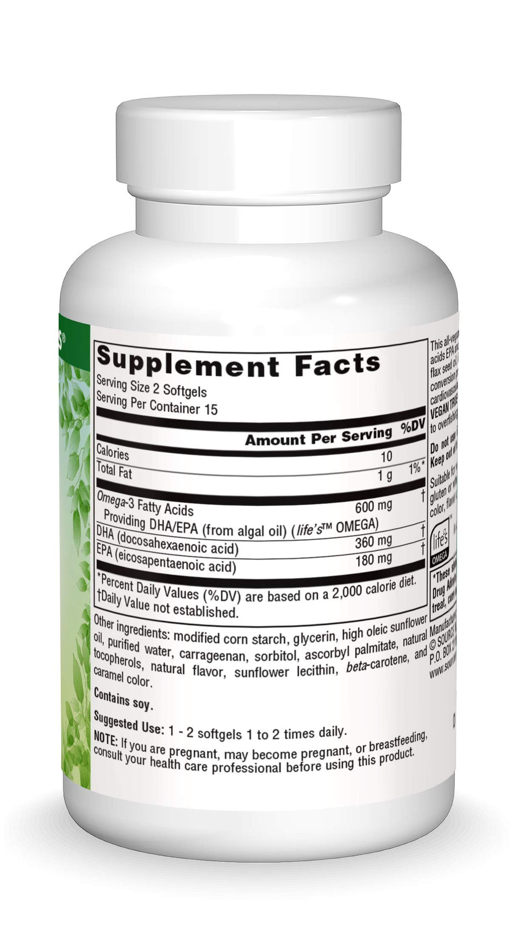Source Naturals Vegan True Omega-3s bottle back label reveals non-fish EPA-DHA source.