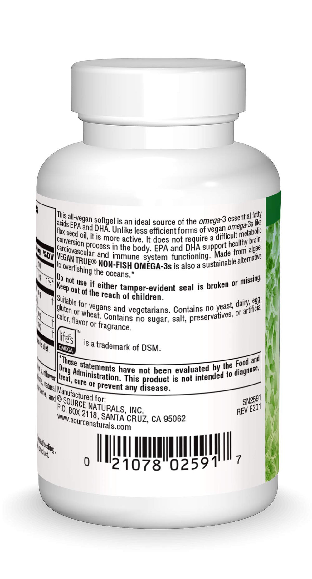 Source Naturals Vegan True Omega-3s softgels close-up suggesting potential heart and brain support.