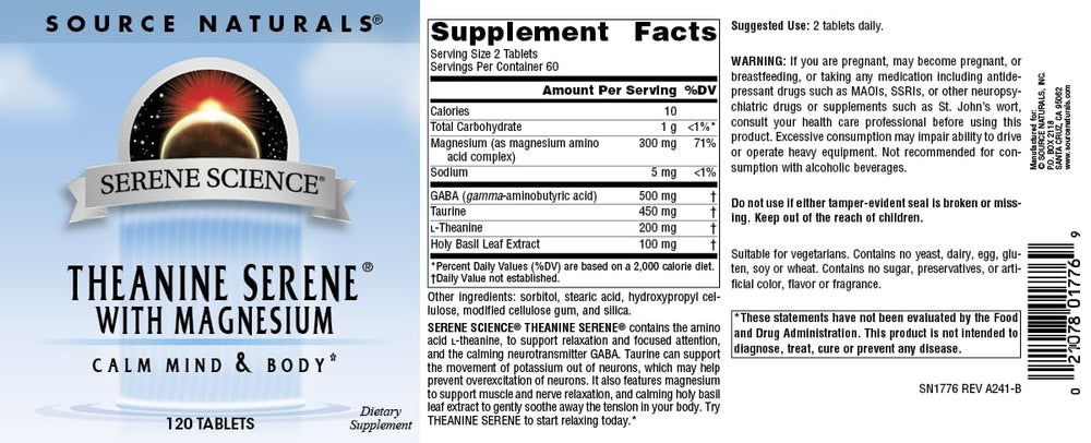 Source Naturals vegetarian formulation label indicating allergen-friendly ingredients.