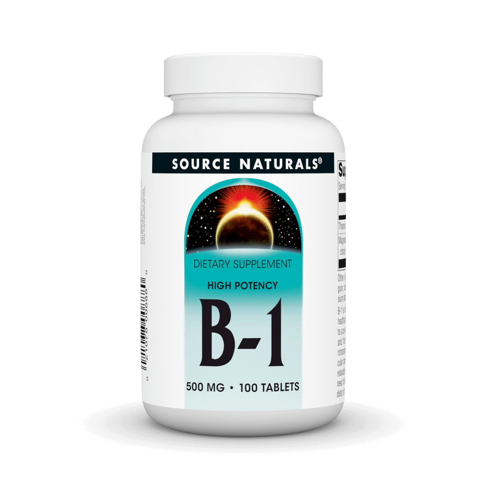 Source Naturals Vitamin B-1 bottle front, high-potency supplement for daily energy support.