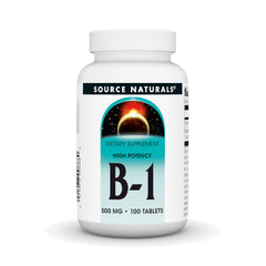 Source Naturals Vitamin B-1 bottle front, high-potency supplement for daily energy support.