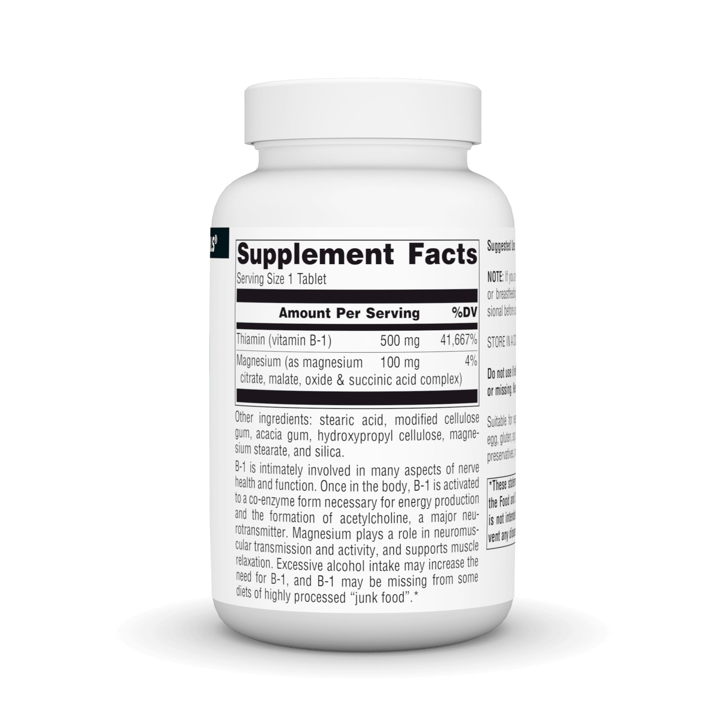 Source Naturals Vitamin B-1 tablets closeup showing 500mg potency and compact form.