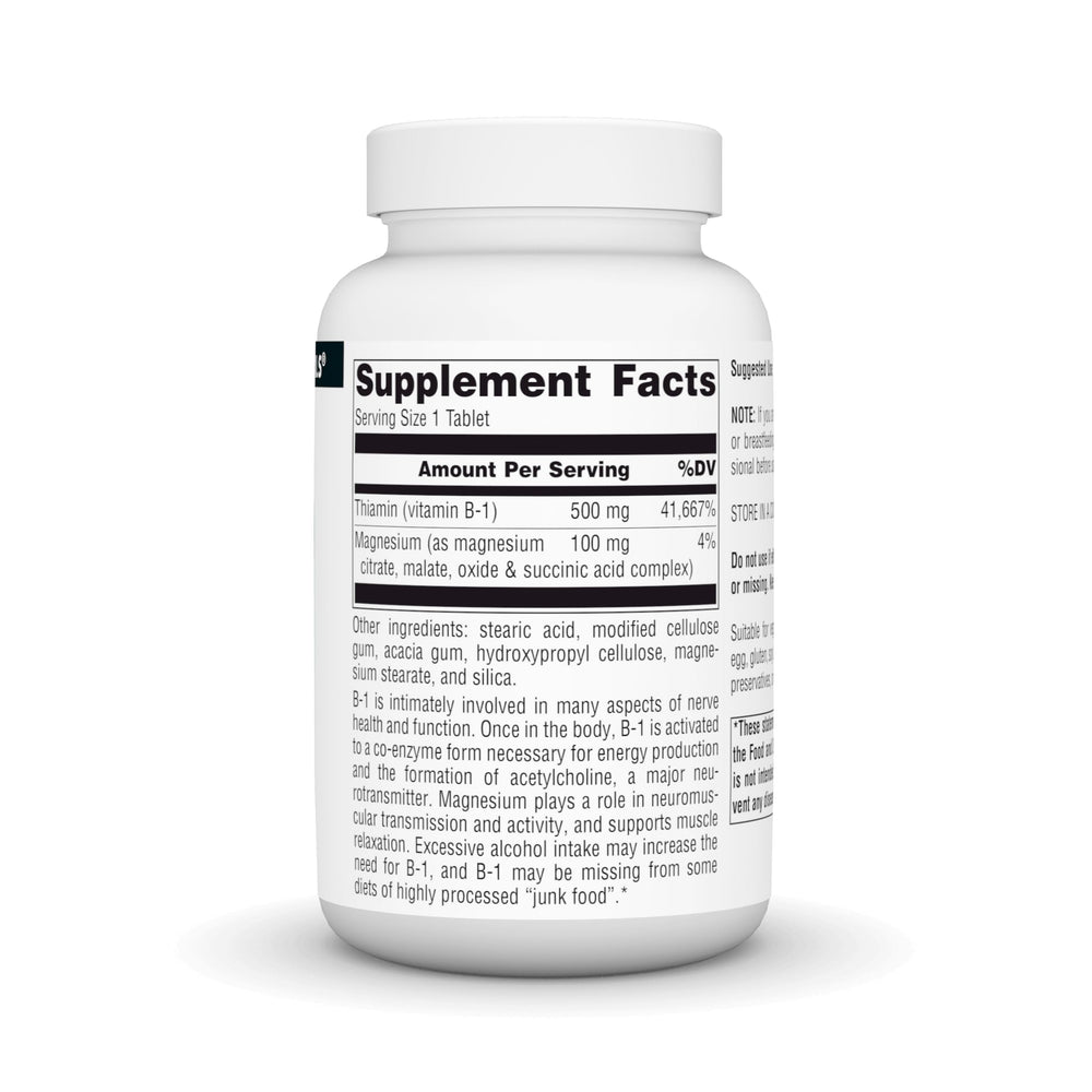 Source Naturals Vitamin B-1 tablets closeup showing 500mg potency and compact form.