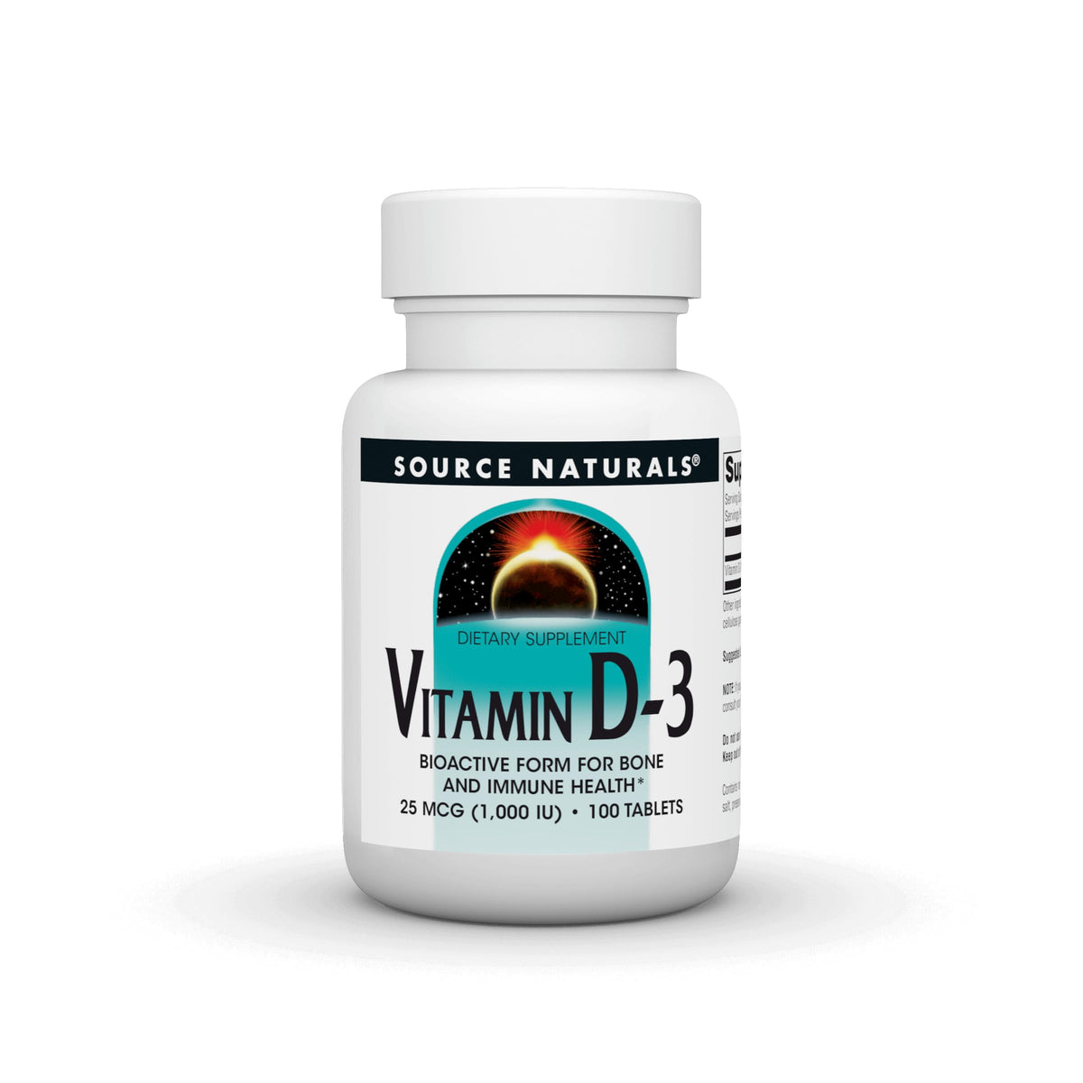 Source Naturals Vitamin D-3 1000 IU bottle with tablets supports bone health.