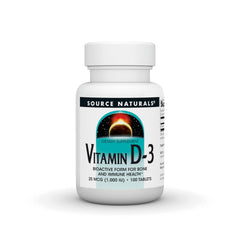 Source Naturals Vitamin D-3 1000 IU bottle with tablets supports bone health.