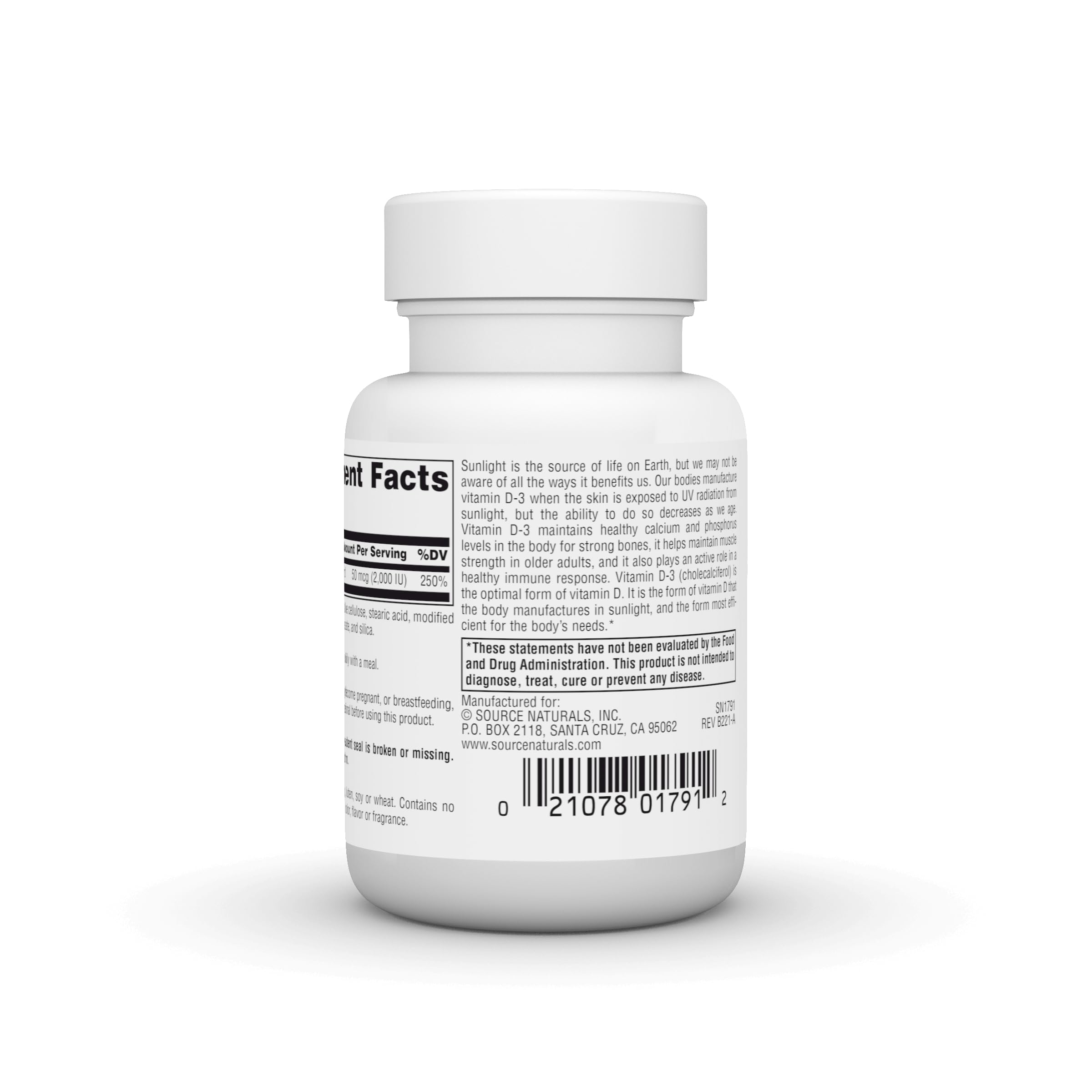 Detailed label on Source Naturals Vitamin D-3 bottle highlights cholecalciferol ingredients.