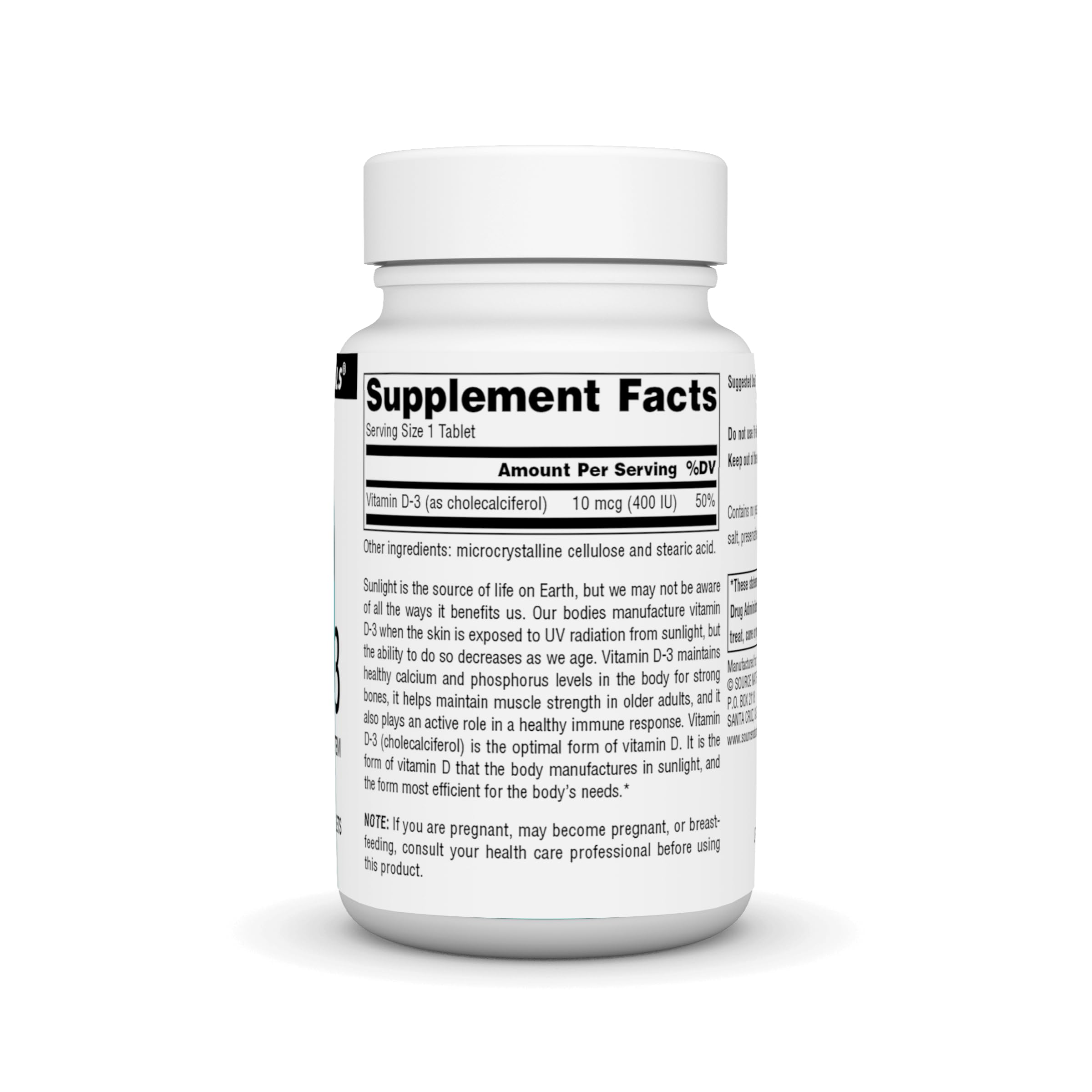 Source Naturals Vitamin D-3 tablets in hand illustrate convenient daily use