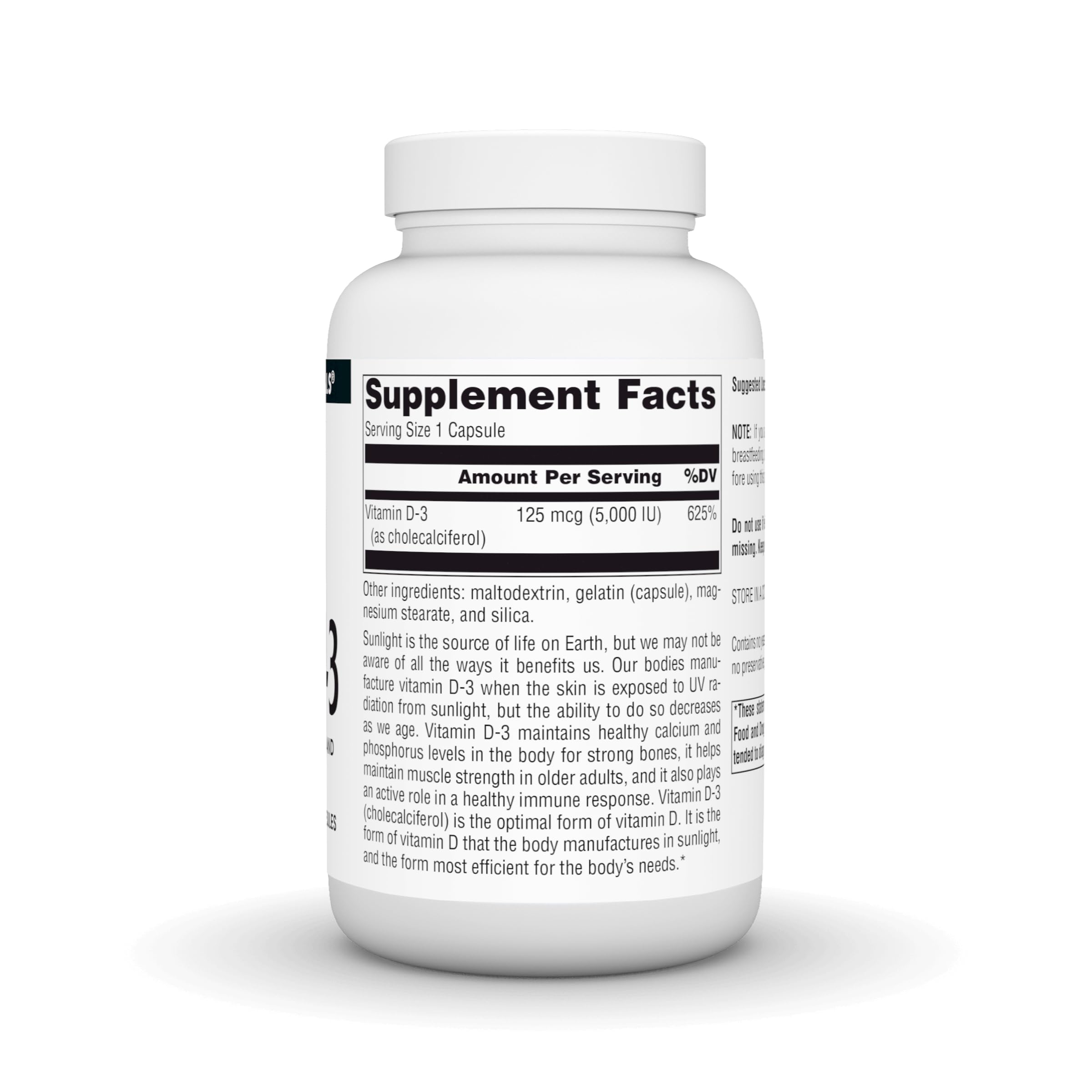 Source Naturals Vitamin D-3 5000 IU bottle back label showing daily intake instructions.