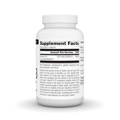 Source Naturals Vitamin D-3 5000 IU bottle back label showing daily intake instructions.