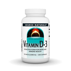 Source Naturals Vitamin D-3 5000 IU bottle front view for daily bone health support.
