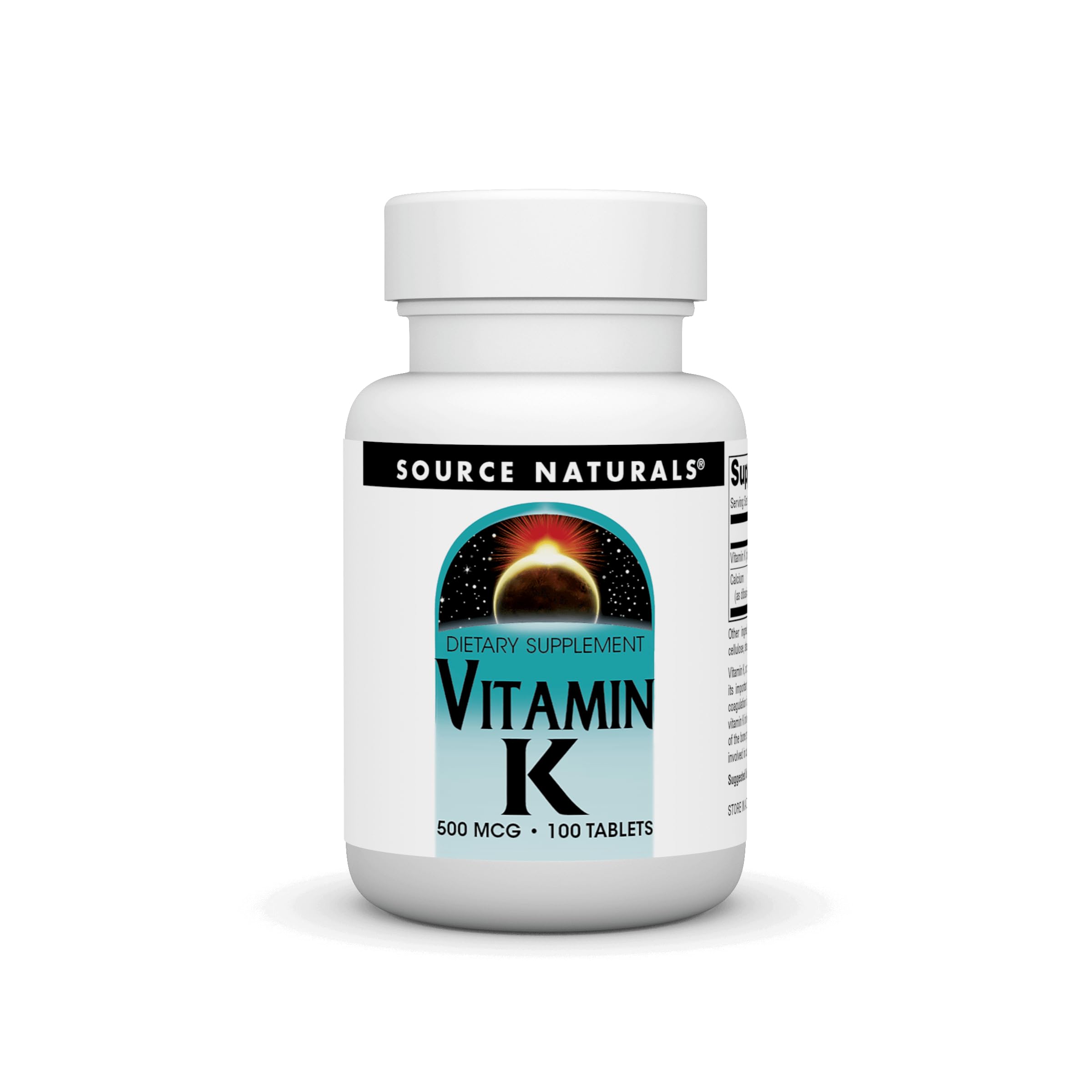 Source Naturals Vitamin K 500 mcg bottle front highlighting dosage for daily use