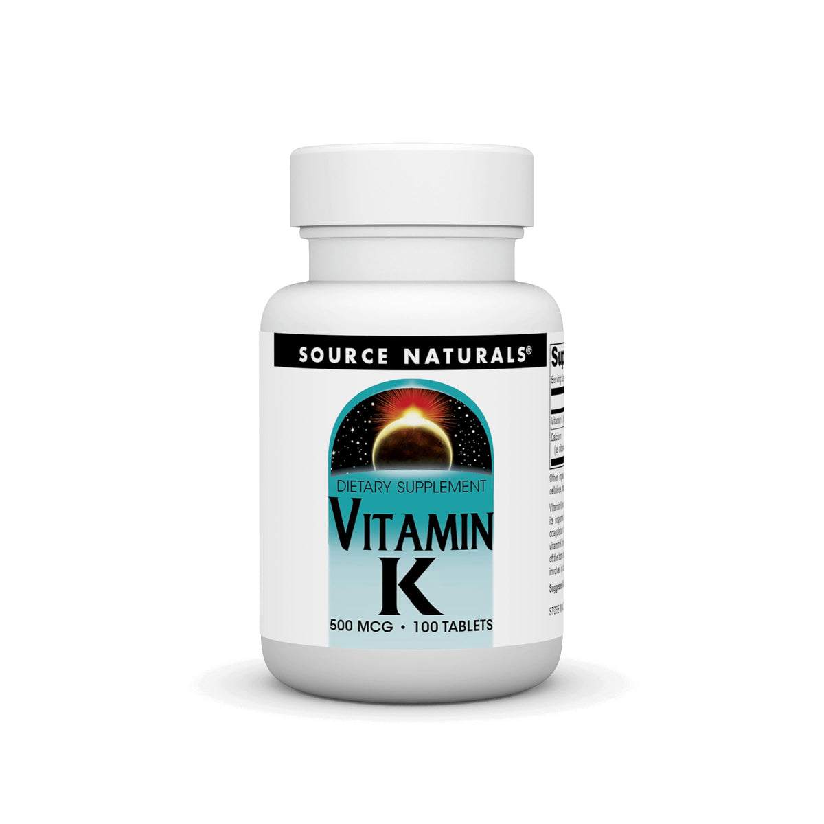 Source Naturals Vitamin K 500 mcg bottle front highlighting dosage for daily use