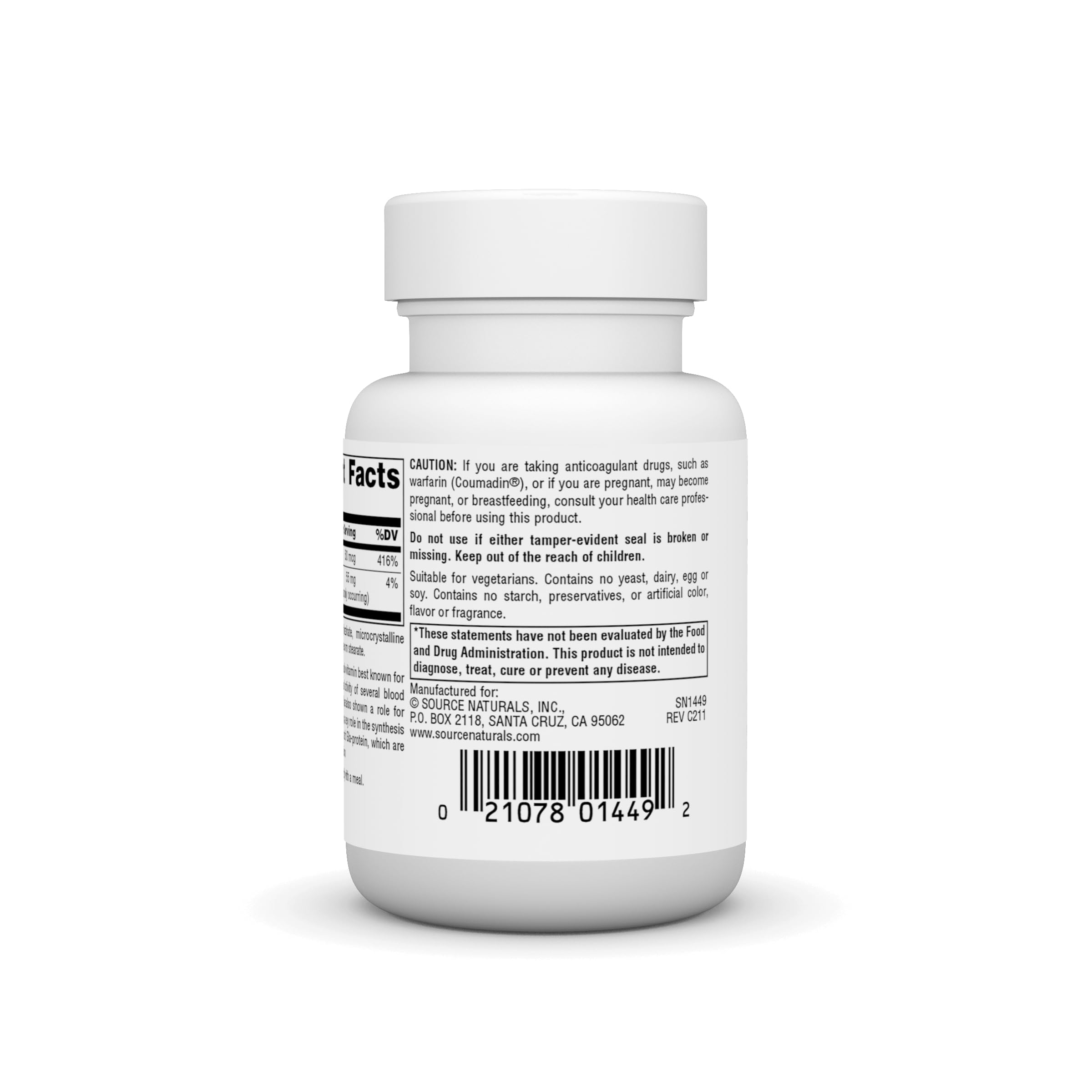 Source Naturals Vitamin K 500 mcg label ingredients listing gluten content