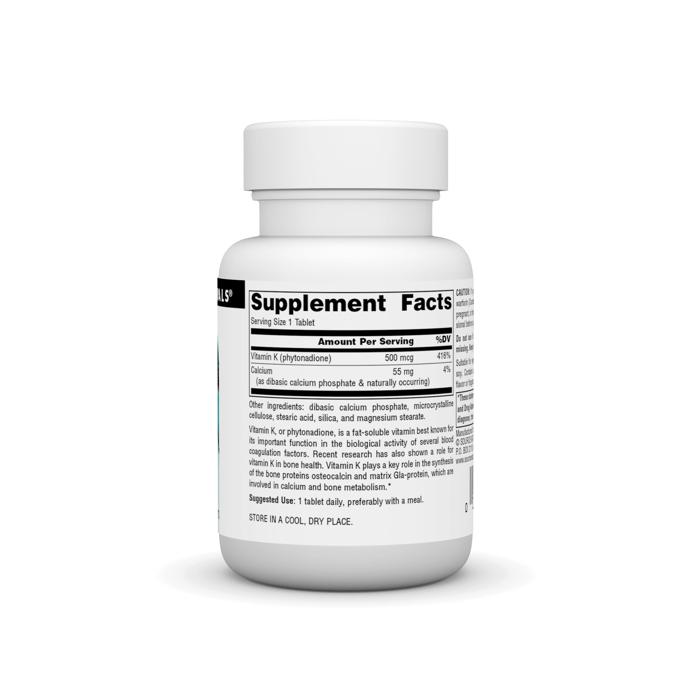 Source Naturals Vitamin K 500 mcg tablet closeup showing size and potency for daily intake