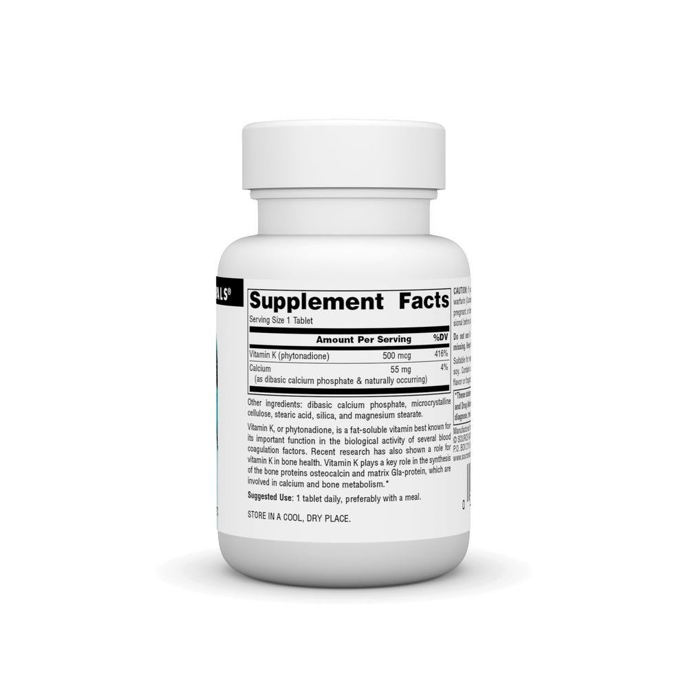 Source Naturals Vitamin K 500 mcg tablet closeup showing size and potency for daily intake