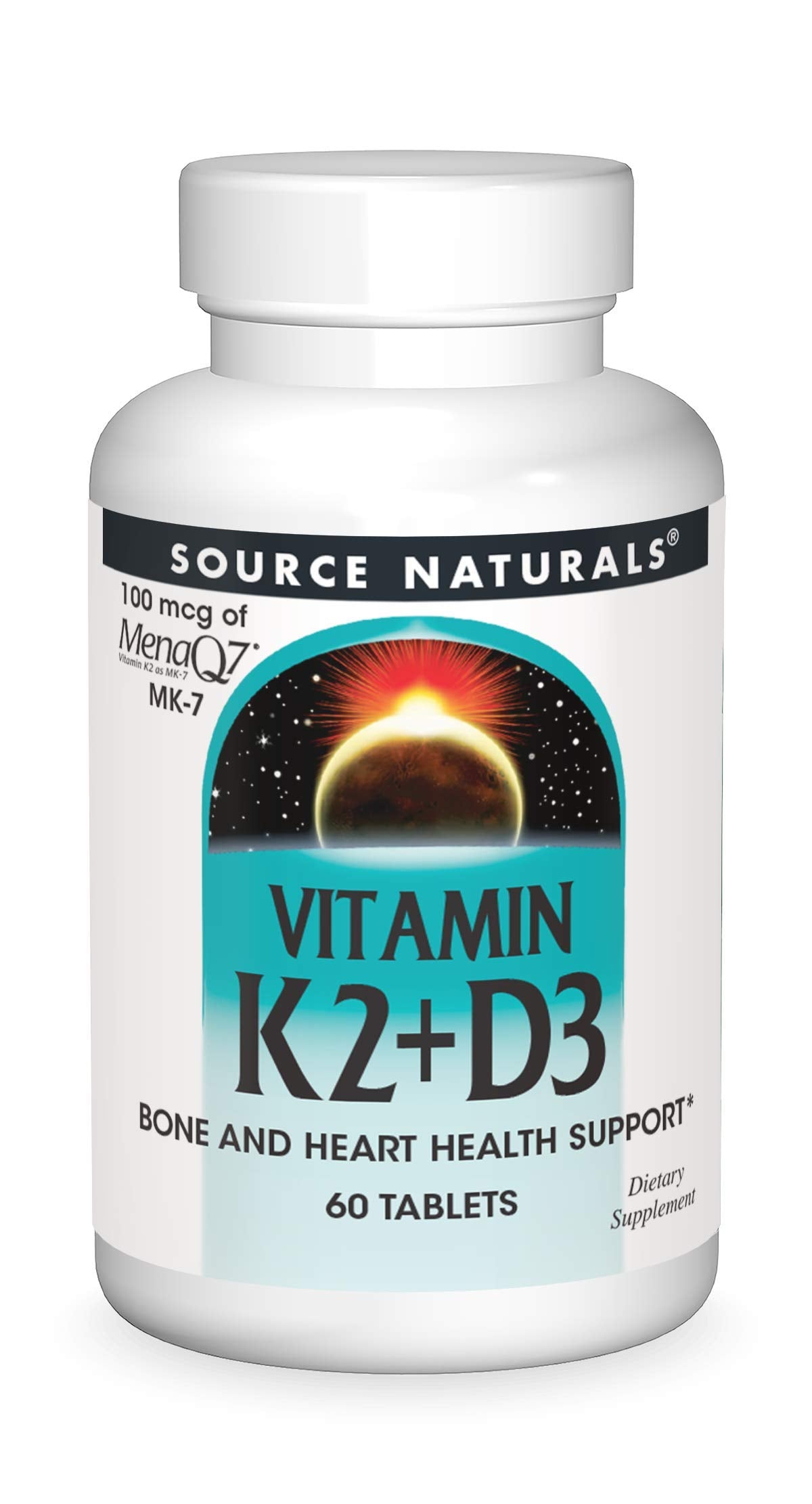 Source Naturals Vitamin K2 + D3 bottle front view supporting bone and heart health.