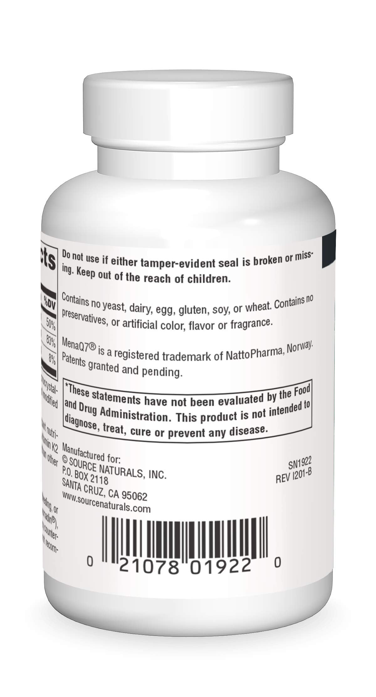 Closeup of Source Naturals Vitamin K2 + D3 tablets for easy daily use.
