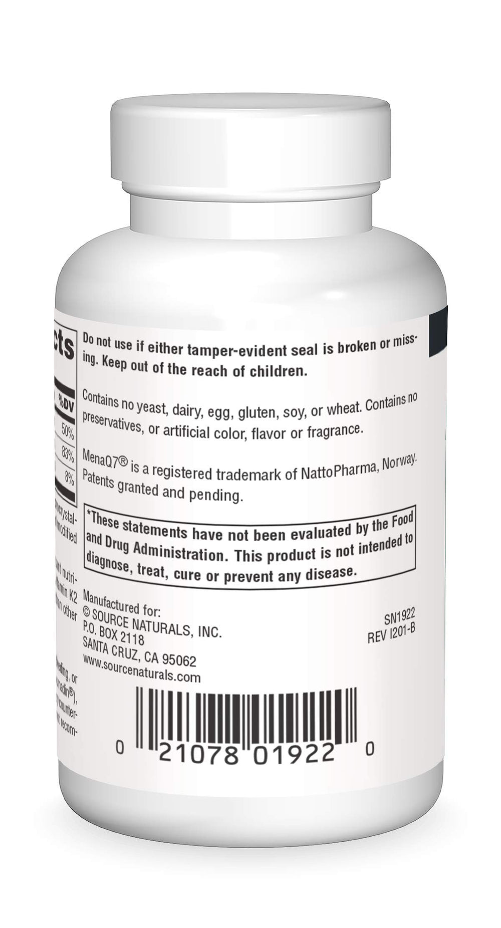 Closeup of Source Naturals Vitamin K2 + D3 tablets for easy daily use.
