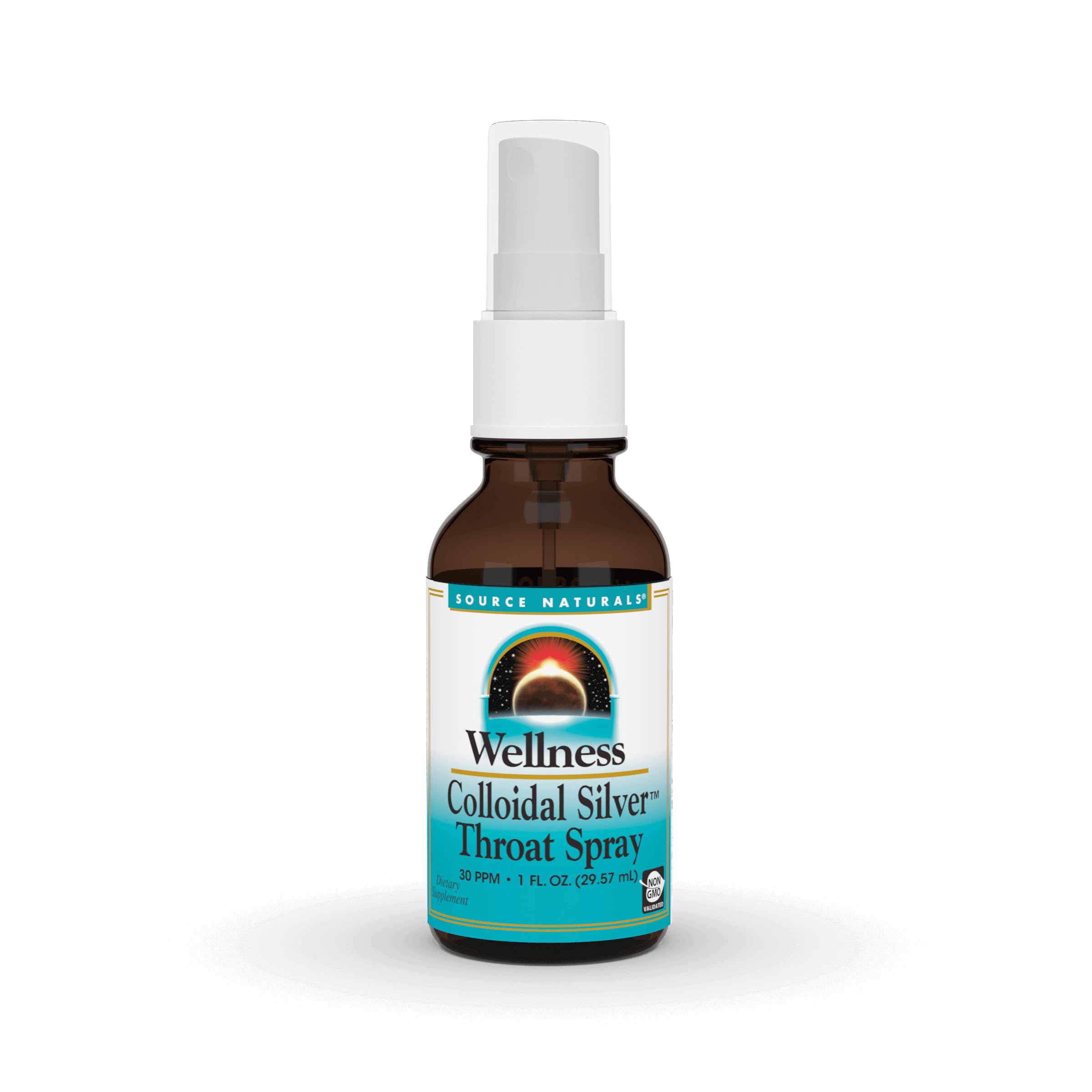 Source Naturals Wellness Colloidal Silver throat spray bottle for convenient daily use.