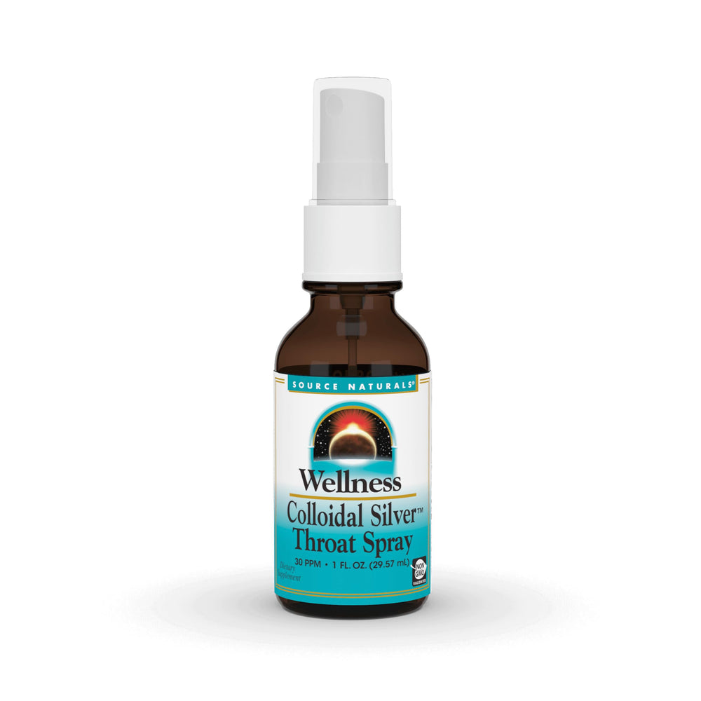 Source Naturals Wellness Colloidal Silver throat spray bottle for convenient daily use.