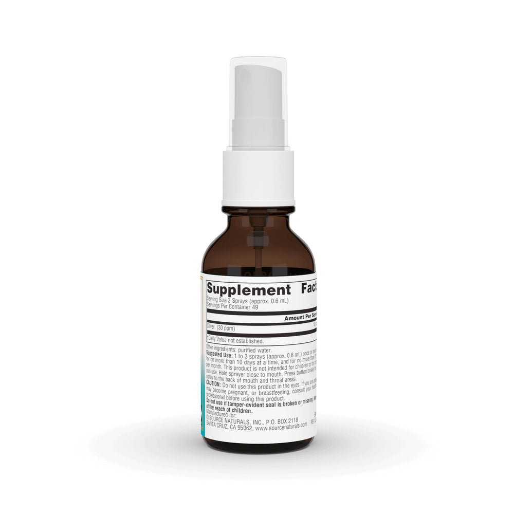 Source Naturals Wellness Colloidal Silver spray dosage illustration showing 1–3 sprays.
