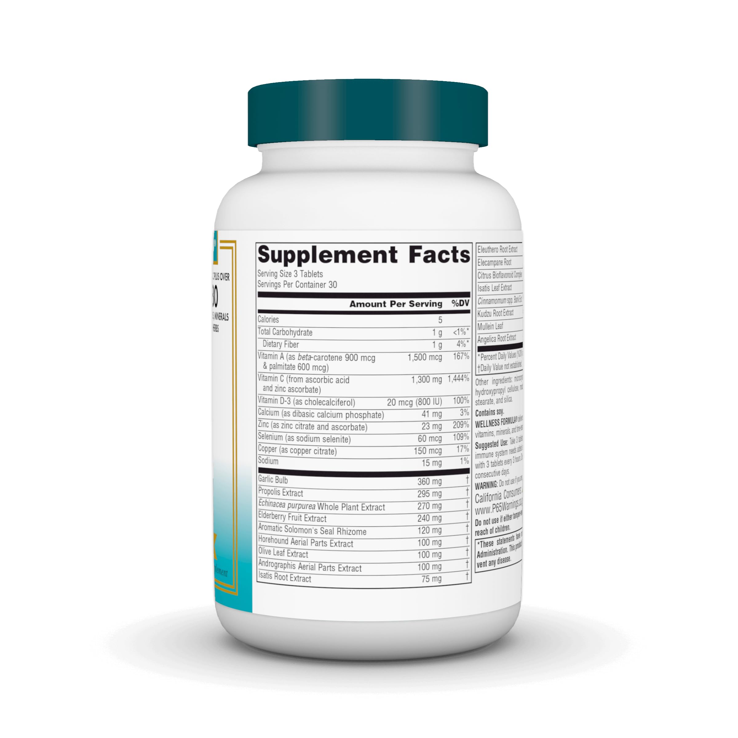 Source Naturals Wellness Formula bottle label close-up highlighting key ingredients and antioxidant nutrients.