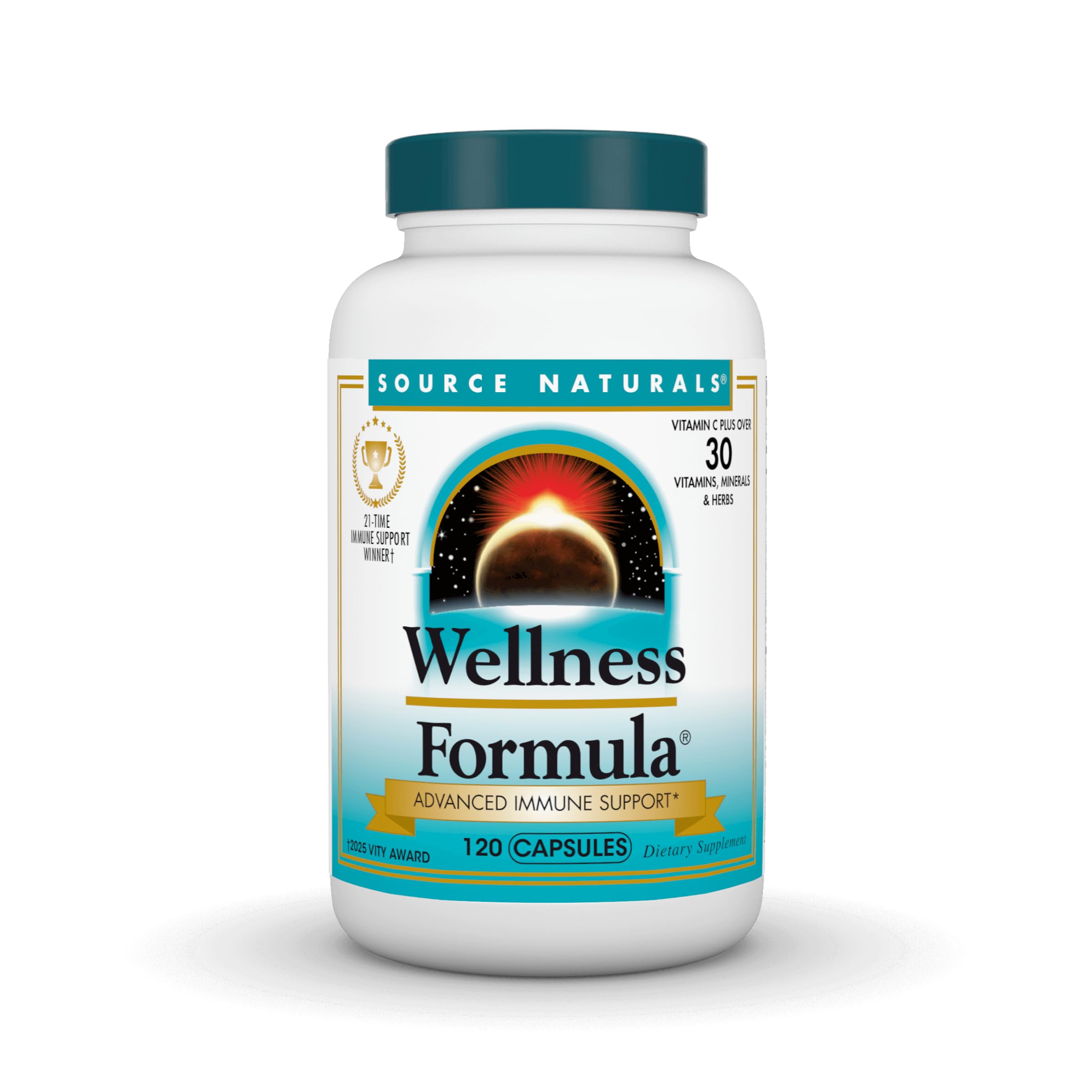 Source Naturals Wellness Formula bottle pouring for convenient daily immune support.