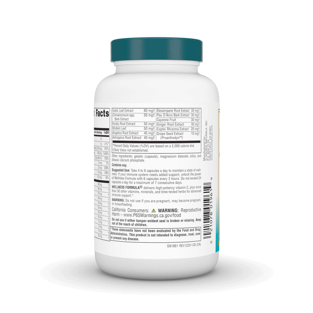 Source Naturals Wellness Formula capsules close-up with vitamin and herb blend.